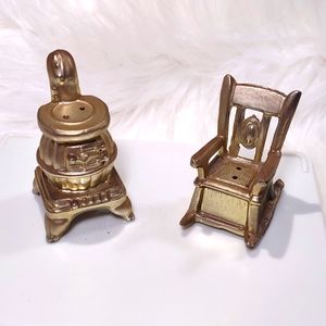 Vintage 1970's Rocking Chair & Stove Salt & Pepper Shakers 2 1/4 tall Gold Color